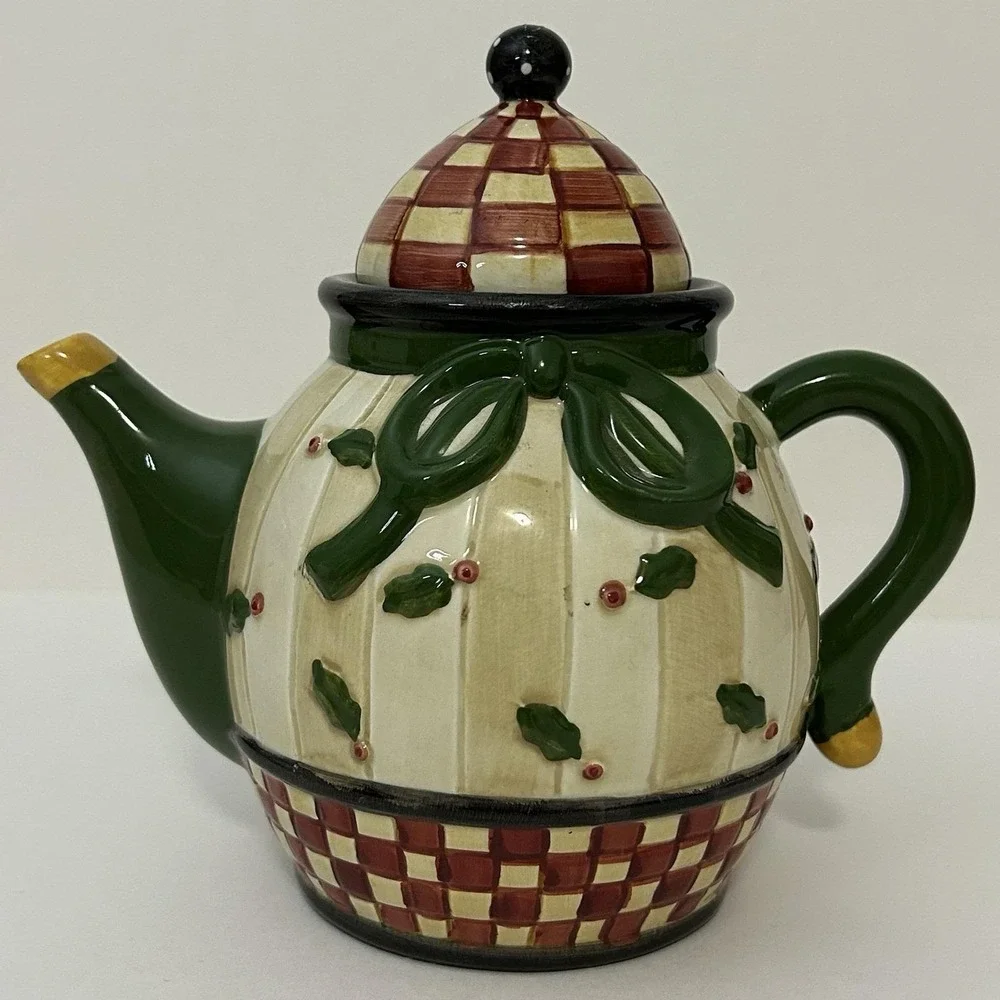 Debbie‎ Mumm Sakura Mini Teapot Christmas Holly Checkerboard Hand Painted